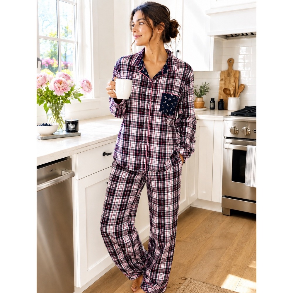 Victorias Secret Pink Black Plaid Flannel Pajama Set Womens L Shimmer Bows Y6